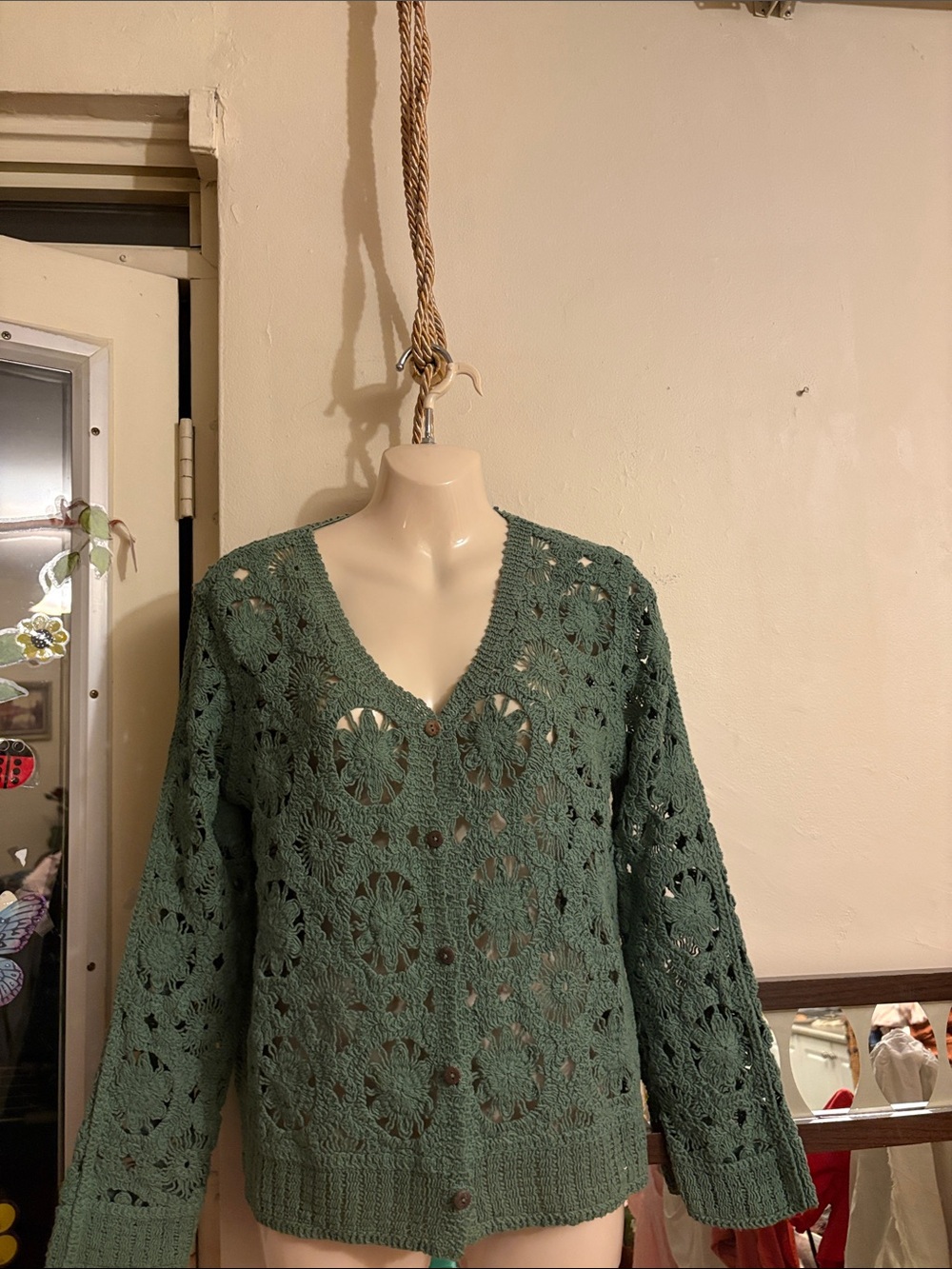Crochet V-Neck Cardigan Sweater in Sage Green. Cotton